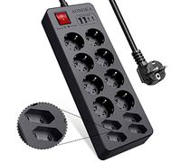 Multiprise 12 Prises avec USB C, Bloc Multiprises Parafoudre et Surtension | Prise Multiple Murale Anti Foudre avec Interrupteur, Power Strip Protection Enfant, Rallonge Electrique 1,5m Cable, Noir