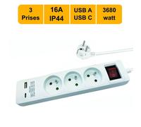 Multiprise 3 prise avec interrupteur + 1xUSB A - 1xUSB C -1,5M - garantie 2 ans