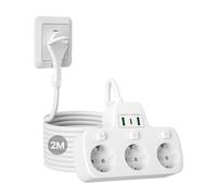 Multiprise 3 Prises avec Fiche Plate,Bloc Multiprise Electrique avec USB C | Prise Multiple Murale avec Interrupteur Individuel, Adaptée à Prise Plate Derriere Meuble, Triple Rallonge 2 m Câble, Blanc