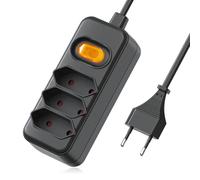 Multiprise 3 prises avec interrupteur, prise plate avec câble de 2 m, 1 à 3 prises européennes, commutable individuellement, pour la maison et le bureau, 625 W, 250 V/2,5 A, noir