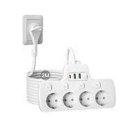 Multiprise 4 Prises avec Fiche Plate, Bloc 4 Prises,Multiprise Murale avec Interrupteur Individuel Prise Multiple USB C,Sécurité Enfant Prise Plate Derriere Meuble Rallonge électrique 2 M, Blanc
