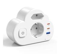 Multiprise 5 en 1 STGAROT double prise avec 2 x USB-C PD20W et 1 x USB-A, adaptateur de prise avec veilleuse 3 niveaux, interrupteur marche/arrêt, design nuage, multiprise compacte pour la maison