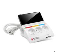 Multiprise 5 prises couleurs avec 2 ports USB 2.1A - Support smartphone - Interrupteur - Cable 1.5 m - Blanc