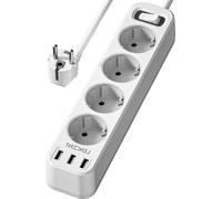 Multiprise à 4 prises de 4 000 W avec 3 ports USB et interrupteur - Pour la maison et le bureau - Multiprise - Câble de 15 m - Blanc