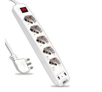 Multiprise avec câble 1,5 m 5 Prises 10/16 A bipasso + Shuko et 2 USB et Interrupteur Lumineux fiche 16 A, Blanc