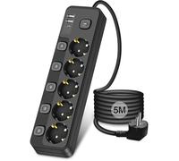 Multiprise avec interrupteur 5M, 5 prises Multiprise Electrique avec 2 USB-A et 1 USB C, Prise Multiple Parafoudre Parasurtenseur