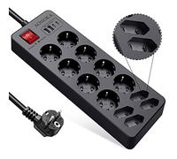 Multiprise avec Interrupteur, Multiprise 12 Prises Parafoudre et Surtension | Bloc Prise Multiple 4 USB Chargeur,Gain de Place pour Bureau Maison,Protection Enfant,Rallonge Electrique 1,5M Câble,Noir