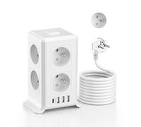 Multiprise avec Interrupteur Tour, 12 en 1 Prise Multiple avec 8 AC et 4 USB, Multiprise 1 USB C et Rallonge Electrique 5M, Steckdosenwürfel mit Überspannungsschutz pour Bureau, Maison, 3680W, Blanc