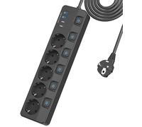 Multiprise avec Interrupteurs individuels (16A/4000W), Multiprises Parafoudre avec 5 Prises et 2 USB-A, 2 USB-C de Charge Rapide, 2M Rallonge Multiprise USB pour Maison Bureau Noir