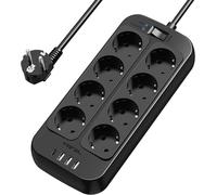 Multiprise avec USB - Bloc multiprise - Chargeur pour appareils - 8 prises, 4 ports USB - Câble de 2 mètres - Noir