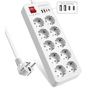 Multiprise avec USB C,10 Prises Multiprise avec Interrupteur de Sécurité | Prises Parafoudre et Surtension,Prise Multiple 10 Schuko 4 Ports USB,Protection Enfant,Rallonge Electrique 1,5m Câble,Blanc