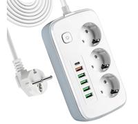 Multiprise avec USB Multiprise 3 Prises avec 5 Prises de Distribution USB et 1 USB C de Bureau avec Interrupteur - Bloc Multiprise avec Interrupteur et Protection Enfants,Rallonge de 2 Mètres,Prises M