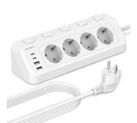 Multiprise d'angle avec USB et 2 Types C, JSVER Multiprise Electrique 4 Prises avec Interrupteurs Individuels, Bureau Bloc Multiprises (3680W 16A) USB avec Cable 4m pour Smartphone Tablette- Blanc