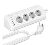 Multiprise d'angle avec USB et 2 Types C, JSVER Multiprise Electrique 4 Prises avec Interrupteurs Individuels, Bureau Bloc Multiprises (3680W 16A) USB avec Cable 2m pour Smartphone Tablette- Blanc