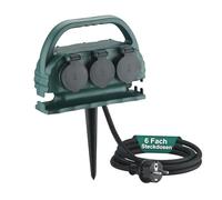 Multiprise de jardin 6 prises IP44 avec poignée de transport et piquet de terre, prise extérieure étanche avec câble en caoutchouc H07RN-F pour l'extérieur, 6 prises (2 m, vert)
