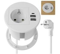 Multiprise Encastrable, avec 1 Prise, 2 USB-A et 1 USB-C, Ø 80mm, Pour Bureaux, Plans de Travail, Meubles, Blanc