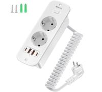 Multiprise encastrable avec USB, 2 prises de table avec USB, 4 en 1, triple prise encastrée avec connexion extensible de 0,2 m à 2 m, câble spiralé, multiprise encastrée avec interrupteur, blanc