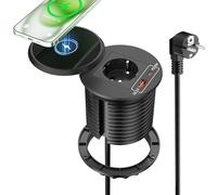 Multiprise Encastrable USB C PD 20W avec Chargeur sans Fil 10W, Prise Encastrable Plan de Travail USB C, Bloc Prise Escamotable pour Meubles, Cuisine, Bureau 1,8M Câble, Diamètre 80mm, Noir