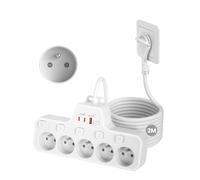 Multiprise Extra-Plate 5 Prises Française,Multiprise Plate Derriere Meuble | Prise Multiple Fiche Plate avec Terre 16A 2P+T,Interrupteur Individuel,PD20W Charge Rapide,Rallonge Electrique 2m Câble,Blanc