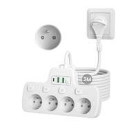 Multiprise Extra Plate,Prise Multiple 4 Prises Française Terre 16A 2P+T | Multiprise Electrique Murale avec Interrupteur Individuel,Chargeur USB Prise Plate Derriere Meuble Rallonge Cable 2M,Blanc