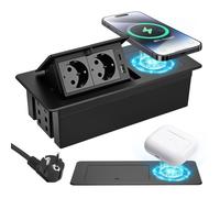 Multiprise Intégrée de Bureau Pliable, USB C QC3.0 20W, Charge Sans Fil Qi 15W, Interrupteur Pop-Up, Câble 16 AWG 1,8 m, Noir