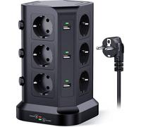 Multiprise Intelectro Power Tower – Votre centrale électrique tout-en-un pour des possibilités de connexion illimitées – 12 prises – 6 ports USB – Interrupteur marche/arrêt – Câble de 2 m – Protection