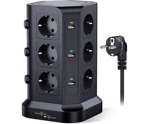 Multiprise Intelectro Power Tower – Votre centrale électrique tout-en-un pour des possibilités de connexion illimitées – 12 prises – 6 ports USB – Interrupteur marche/arrêt – Câble de 2 m – Protection
