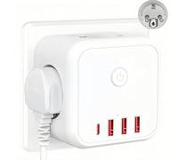 Multiprise Murale 7 en 1, Prise Cubique avec Interrupteur, 3 Prises Secteur + 4 Ports USB Dont 1 USB-C, Adaptateur Prise Murale 16A 3680W sans Câble, Compact pour Cuisine, Chambre, Salon, Blanc