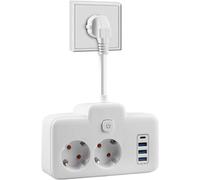 Multiprise murale à deux prises avec 3 ports USB et 1 port Type-C - Sécurité enfants et interrupteur