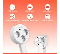 Multiprise murale électrique avec prise européenne, extensible/rotative, longueur réglable, rallonge de charge, prise circulaire, câble d'extension BLANC