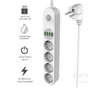 Multiprise parasurtenseur 4 prises + 4 USB Type E 10A 2500W câble 2m - Blanc