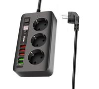 Multiprise programmée (2500 W, 10 A) - Prise 3 voies - 5 ports USB - Multiprise avec protection contre les surtensions - Rallonge de 3 m - Prise UE - Noir