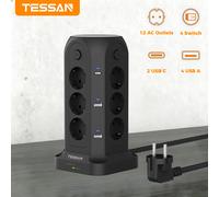 Multiprise TESSAN avec 12 prises, 6 ports USB, 4 interrupteurs individuels, prise EU, rallonge de 2 m, protection contre les surtensions Gray-2M