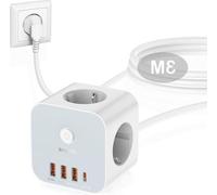 Multiprise USB 7-en-1 avec 3 prises, 1 port USB-C et 3 ports USB-A, recharge rapide PD 20 W, câble de 3 m