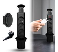 Multiprise verticale amovible à encastrer avec 3 prises type Schuko - Prise multiple avec ouverture Push pour bureau (noir)