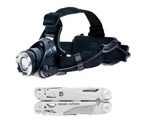 Multitool Badger Outdoor Solid Black + lampe frontale XRG 200 - Ensemble