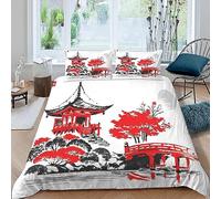 MUNOOR Housse de Couette 140x200 Paysage Japon avec Fermeture Éclair Fleurs De Cerisier Parure de Lit 1 Personne Enfant Fille Garçon Microfibre Ensemble de Literie avec 2 Taies d'oreiller