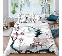 MUNOOR Housse de Couette 140x200 Paysage Japon avec Fermeture Éclair Fleurs De Cerisier Parure de Lit 1 Personne Enfant Fille Garçon Microfibre Ensemble de Literie avec 2 Taies d'oreiller