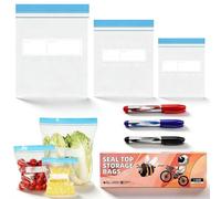 MUNTE 70 Pièces Sac Congelation, Contient 3 Stylos, 3 Tailles de Ziplock Bag, Réutilisable Sachet Congelation Zip, pour La Conservation Des Fruits, Des Légumes et Des Viandes