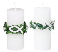 MUNZE 2X Bougie Bapteme Anti-Gouttes Avec Fleurs Blanche + Perles - Protection Cire Pour Communion Mariage Standard