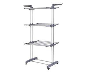 MUPAI Tancarville, 3 Niveaux en Acier Inoxydable Vêtements Pliables Airer avec 4 roulettes à Cintre, Sèche-Linge Support Rack Intérieur Blanchisserie Extérieure (Gris-Argent, 75x64x170cm)