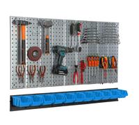 Mur à outils 117x72 cm Système de stockage en métal avec supports d'outils Crochets à outils 11 boîtes empilables bleu Planche à trous atelier Garage Planche à fiches outils électriques Mur à trous