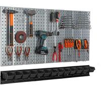 Mur à outils 117x72 cm Système de stockage en métal avec supports d'outils Crochets à outils 13 boîtes empilables noir Garage Planche à fiches Outils électriques Mur perforé