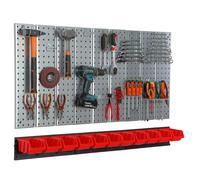 Mur à outils 117x72 cm Système de stockage en métal avec supports d'outils Crochets à outils et 11 boîtes empilables rouges Garage Planche à fiches Outils électriques Mur perforé