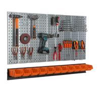 Mur à outils 117x72cm système de stockage en métal avec supports d'outils crochets à outils 11 boîtes empilables orange planche à trous atelier garage planche à fiches outils électriques mur à trous