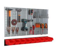 Mur à outils 117x72cm système de stockage en métal avec supports d'outils crochets à outils et 9 boîtes empilables rouge planche à trous atelier garage planche à fiches outils électriques mur à trous