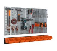 Mur à outils 117x72cm système de stockage en métal supports d'outils crochets à outils et 9 boîtes empilables orange garage panneau à fiches outils électriques mur à trous
