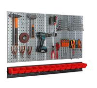 Mur d'outils 117x72cm Système de stockage en métal avec supports d'outils 13 boîtes empilables rouges