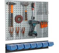 Mur d'outils 78x72cm système de stockage en métal avec supports d'outils 7 boîtes empilables bleues