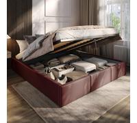 Muralo Lit Capitonné avec Coffre - 180x200 cm, Rouge foncé | Lit double, sommier à lattes, revêtement velours, déperlant et résistant aux rayures, sans matelas